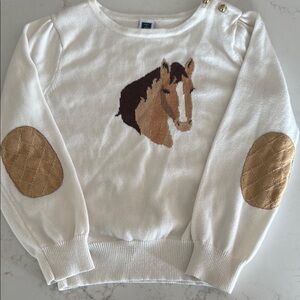 Janie and Jack White Sweater with Horse Design and Tan Elbow Patches